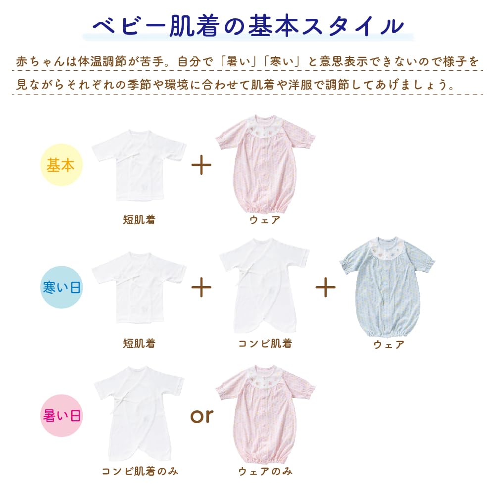 Cream de Coco Organic Cotton Baby Combi Perfect for Baby Hospital Shrine and Newborn Product 69254 Undershirt, 60cm, 100% Cotton, Showers, Leave,