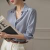 Korean Style Office Lady Blue Striped Spring Summer Fashion All-match Blouse Long Sleeve Turndown Collar Loose Casual Shirt