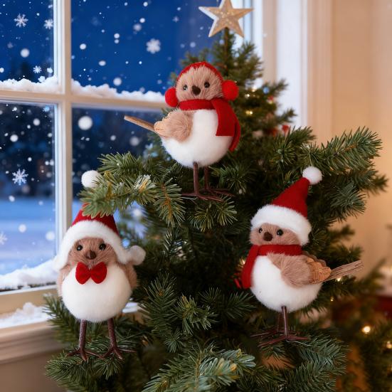 Cute Fluffy Plush Foam Bird Christmas Tree Ornament Simulated Bird Figurine with Red Hat And Scarf for Christmas Tree Mantel Desk Decoration