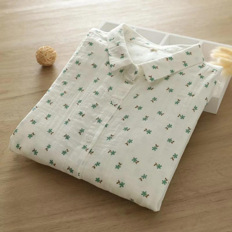 Løvetannmønstret bomullsgarn langermet skjorte for kvinner om høsten løs slankende skjorte topp bluser og skjorter