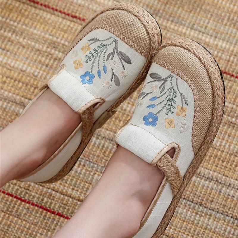 Chaussures d'été à enfiler pour femme, Espadrilles décontractées à bout rond style bohème en lin