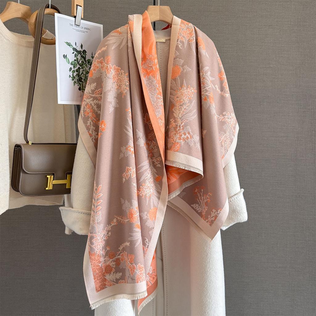 Autumn new retro style plant flower imitation cashmere scarf women's thickened warm medium and long jacquard shawl scarf