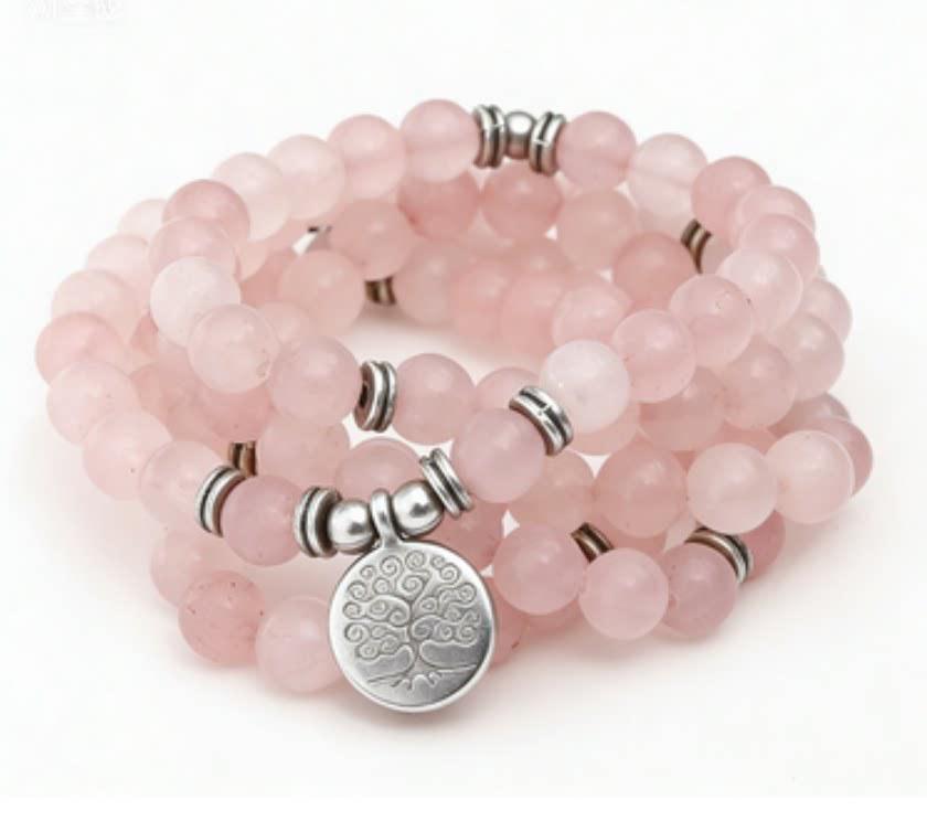 Natural Pink Crystal Bracelet with Lotus Ohm Pendant for Women - Buddhist Yoga Jewelry