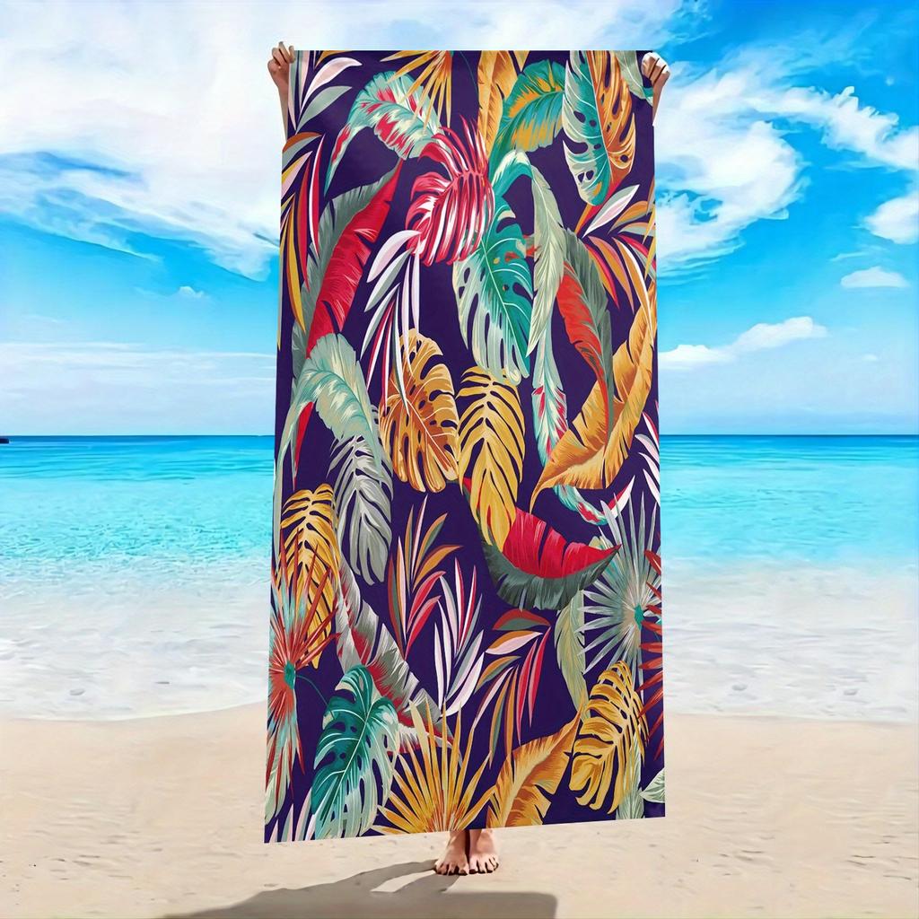 Tropical Palm Leaf Print Beach Towel Turquoise Monstera Banana Leaf Design Lightweight Quick-Dry-like Soft Bath Towel