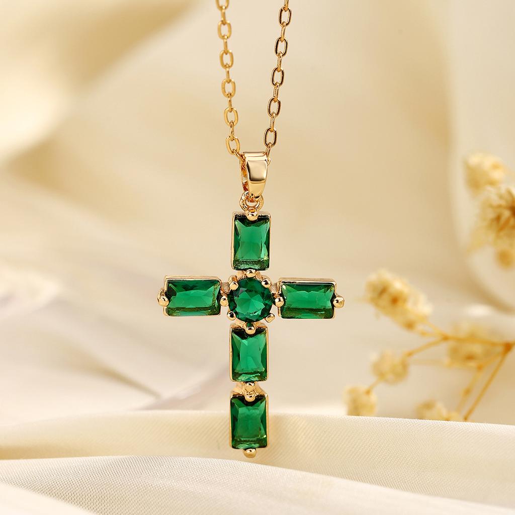 Collana Ciondolo Croce Multi Colore Zirconia Cubica Semplice Moda Collana Placcata Oro Croce di Cristallo