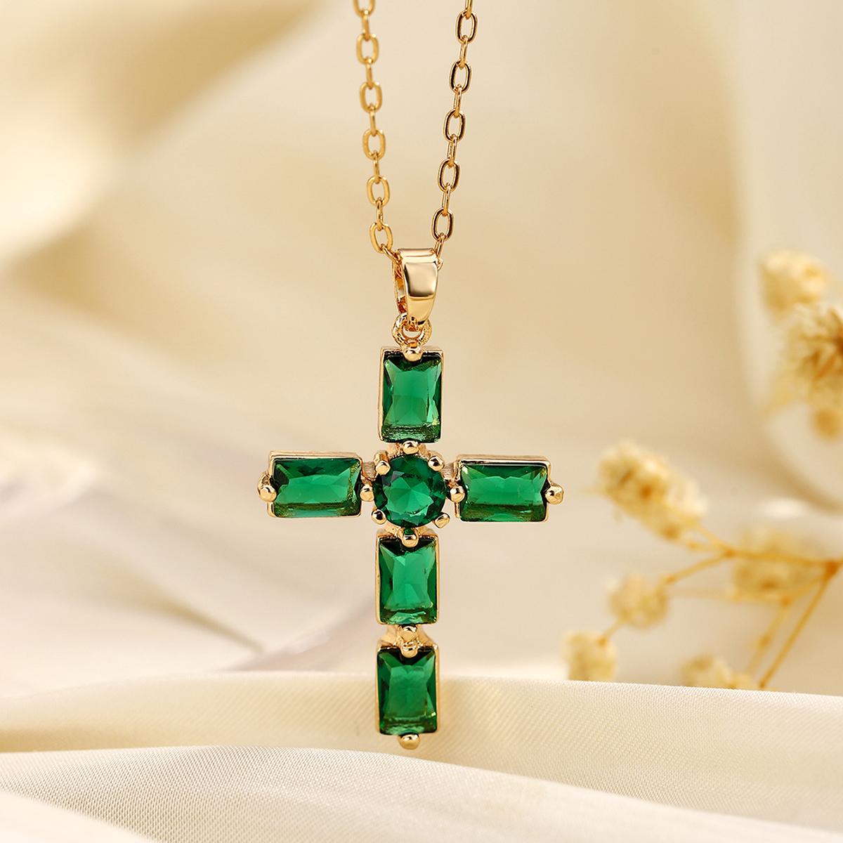 Fashion Simple Multi Color Cubic Zirconia Cross Pendant Necklace Crystal Cross Gold Plated Necklace Square green zircon cross pendant