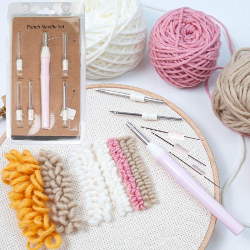Stainless Steel Embroidery Punch Needle Set Including Adjustable 6 Head Ergonomic Handle Storage Case for Home