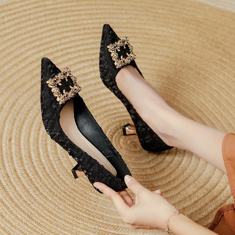 2025 new women's shoes fashion pointed high heels thin heel temperament satin rhinestone square buckle light mouth French single shoes