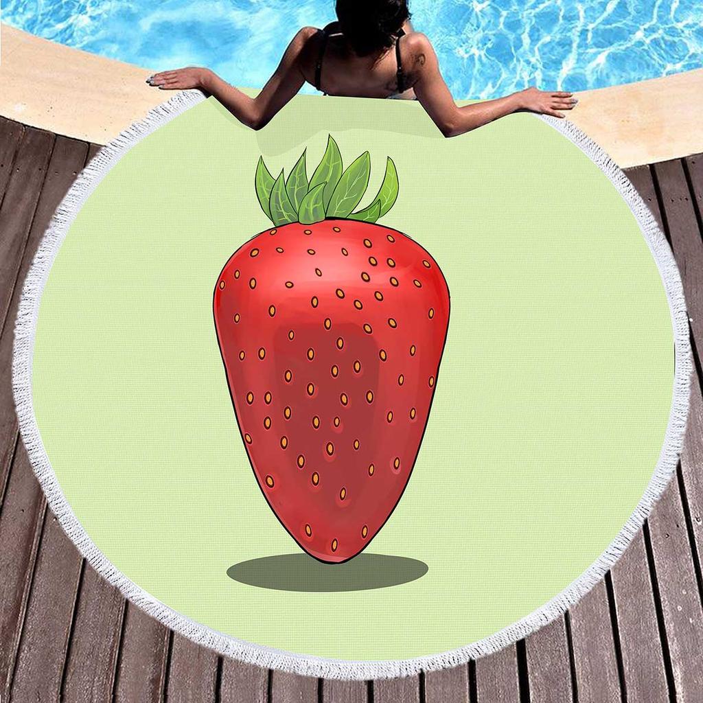Sweet Cartoon Strawberry Round Beach Towel,Polyester Sand Resistant Beach Blanket,Soft Absorbent Quick Dry Pool Towel Picnic Mat