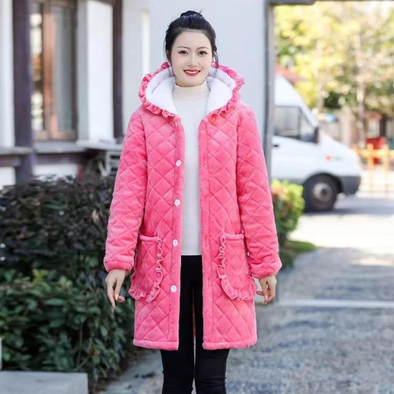 

Зимнее женское хлопковое пальто, утолщенная и утепленная пижама, средней длины, с капюшоном, флисовое, теплое пальто, домашняя одежда. XL розовый