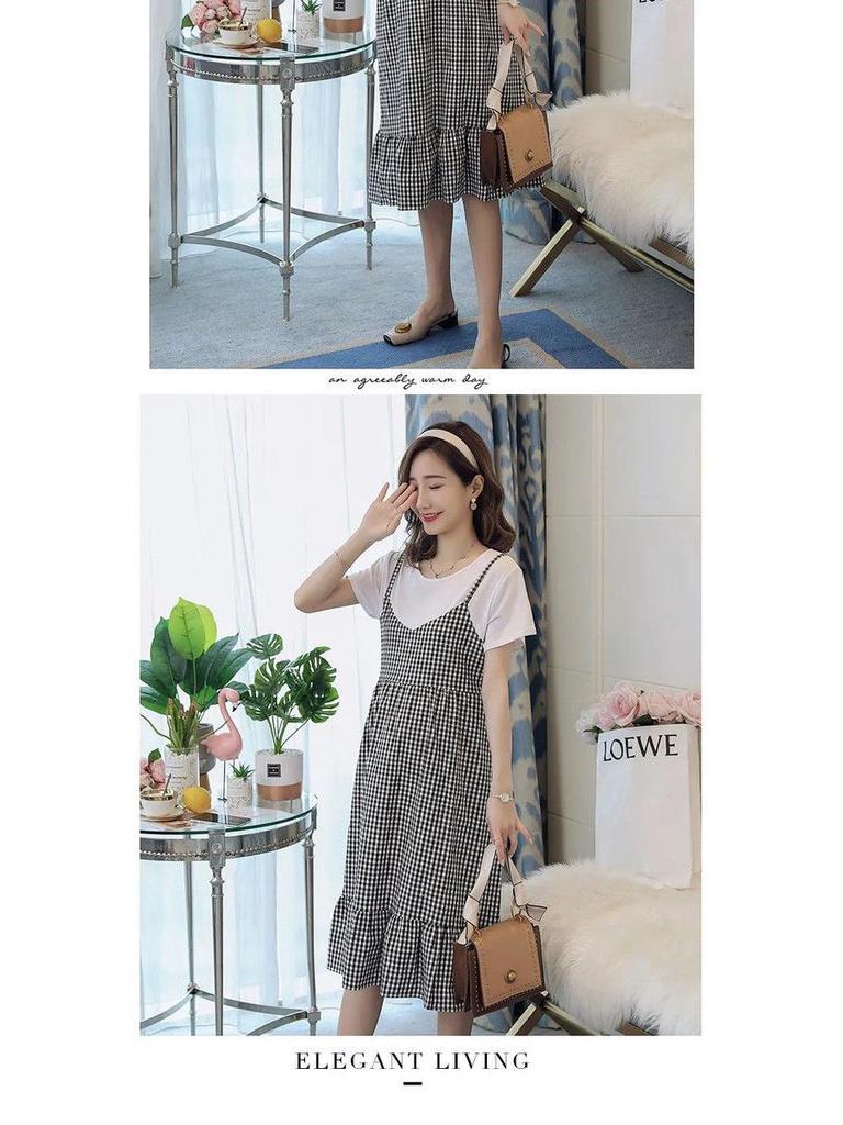 Koreanisches Karokleid für Übergrößen in der Schwangerschaft - Kurzärmelig, Zweiteiliger Look, Lockerer Schnitt, Rundhalsausschnitt