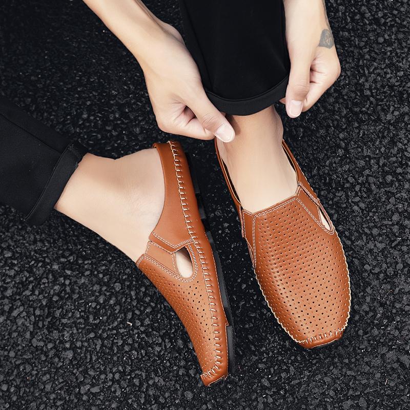 Fashion Classic Mens Casual Leather Boat Shoes Men Loafers Shoes Hollow Out Breathable Half Slipper Flats Lazy Shoes Muller Shoes Man