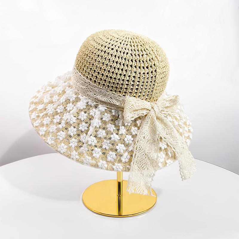 Lightweight Breathable Sunshade Cap with Lace Details Trendy Summer Accessory Hollow Out Straw Hat Wide Brim Sun Protection Hat