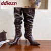 Mode Mode Plissee Party Modern Damen Kniehohe Stiefel Absätze Schuhe Spitze Zehenpartie Damen Lange Stiefel Weibliche Slipper Pumps