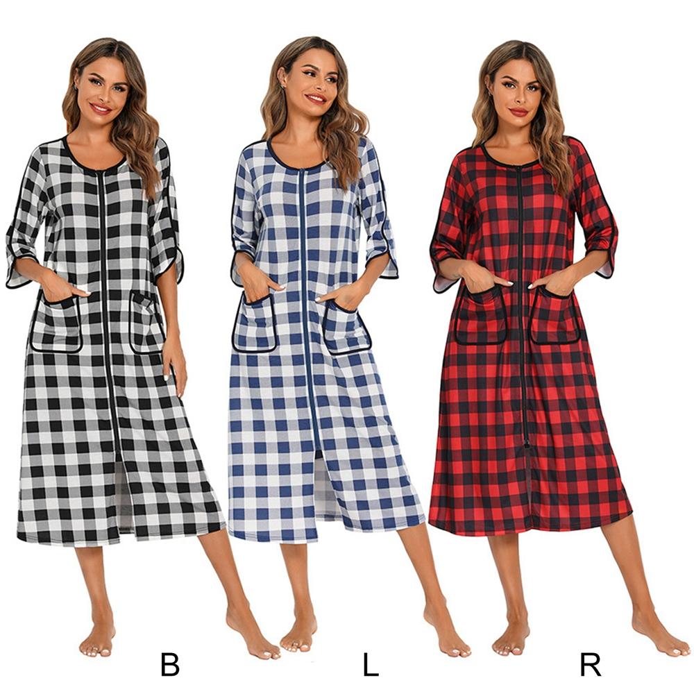 Autumn Winter Lady Zip Up Sleepdres Loose Nightgowns Spa Bathrobe Crewneck Soft Striped Sleepshirt Loungewear Sleepwear with Pockets