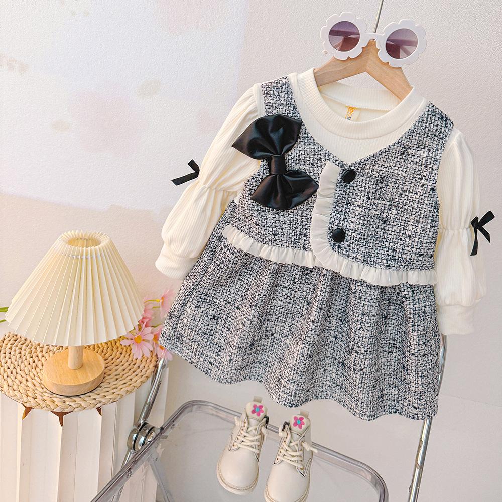 Autumn Sweet Bow Baby Girl Dress Simple Checkered Long Sleeved Children'S Clothing Suitable Babies