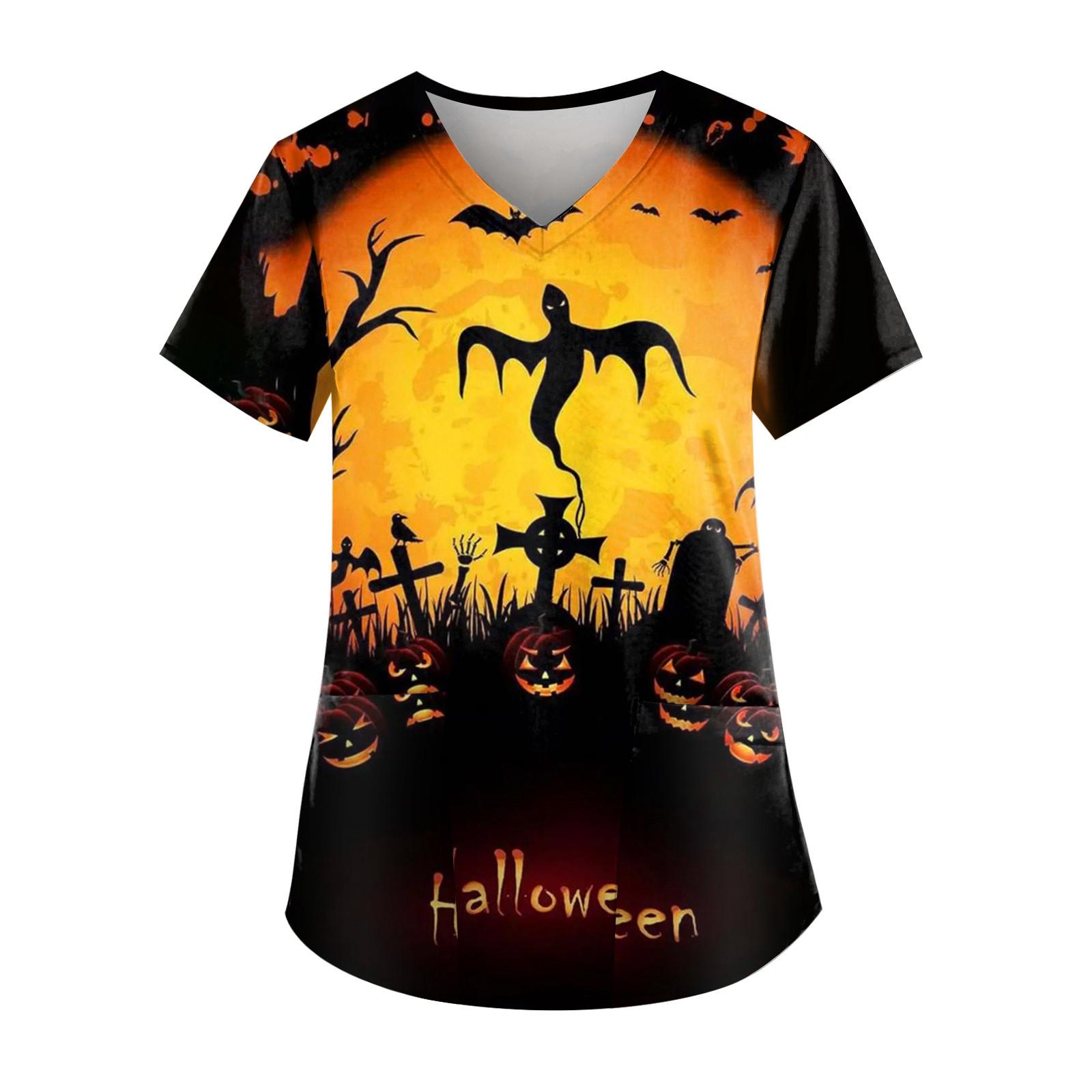 

Плюс размер Хэллоуин печатная рабочая форма Топы для женщин футболки с v-образным вырезом и короткими рукавами рабочая одежда футболка с карманами XL жёлтый