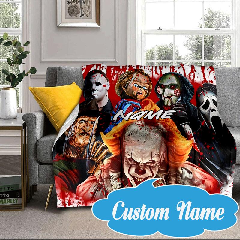 Custom Name Halloween Horror Christmas  Blanket bed sofa Blanket Flannel Blanket for Camping, Hiking, Picnic Essentials,gift for Fan family