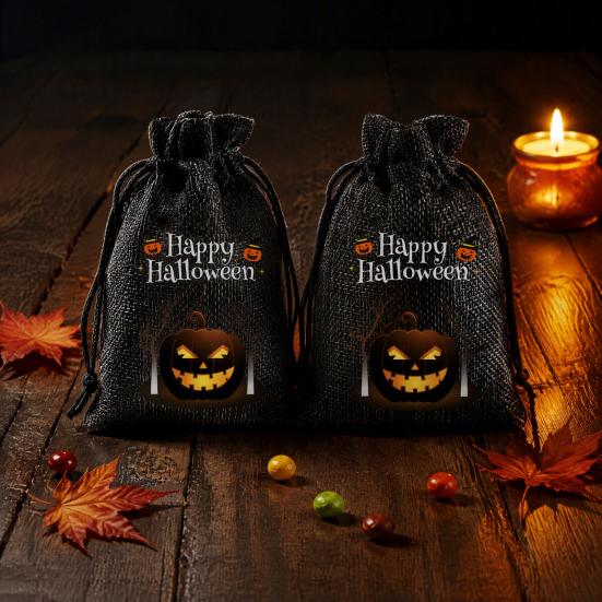 Handmade Style Party Bags 2Pcs Halloween Pumpkin Drawstring for Candy Treats, Retro Burlap Festival Totes Trick or Treat Bags, Portable Goodie