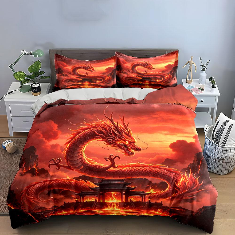 Fiery Dragon Art Decor Set Soft Comfortable Duvet Cover Bedding Set Included 1*Duvet Cover & 2*Pillowcases, Gift