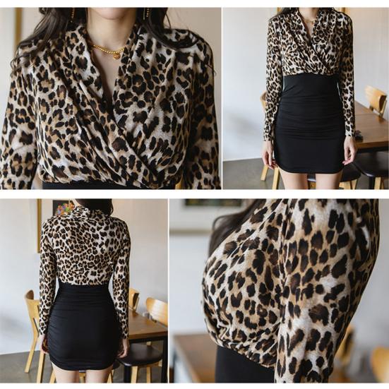 Women Sexy Front Crossing V Neck Leopard Print Cocktail Party Bodycon Mini Dress