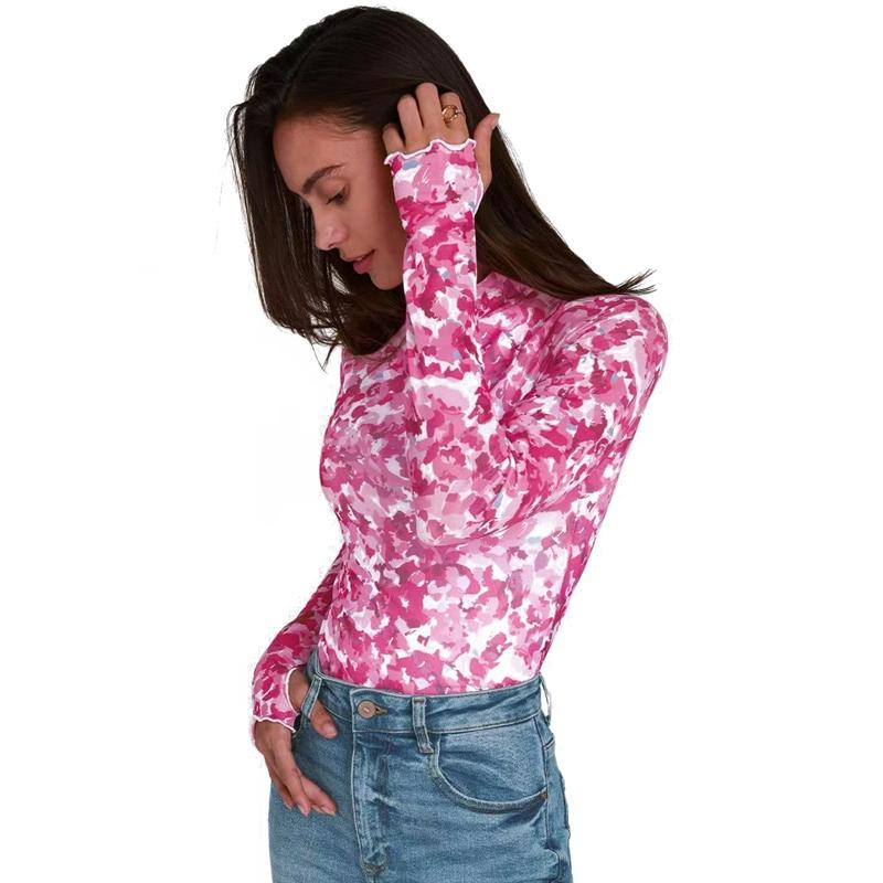 Women's Mesh Floral Print Slim Tops Long-sleeved Pullover