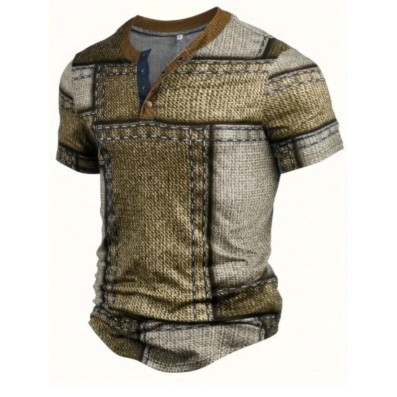 European and American semi-cardigan, casual short-sleeved digital printing slim-fit pullover Henry T-shirt top men's clothing