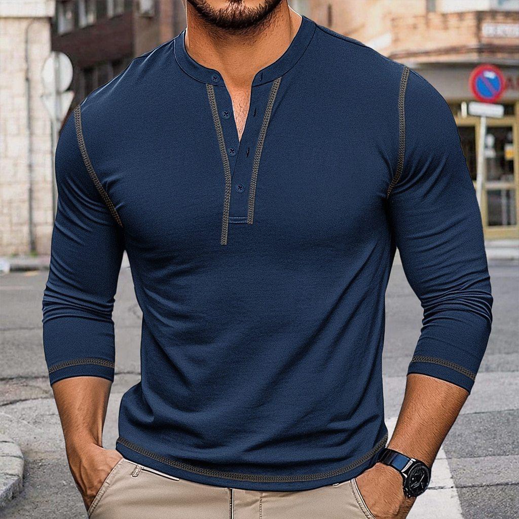 Mens Vintage Color Block Long Sleeve Crew Neck Henley T Shirt Casual Top