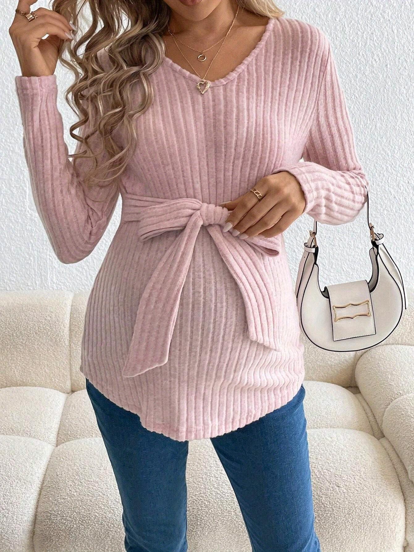 V-Neck Tie Knit Top L 33958 - European Style M