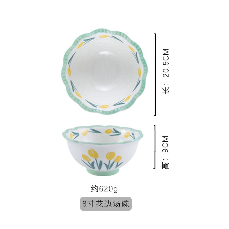 Flower Ceramic Bowl Set Household Tulip Underglaze Color Rice Bowl Vegetable Plate Plate Combination Tableware Set Tableware And Chopsticks