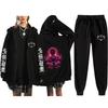 Unisex Winter Casual Sport Set With Anime Print Hooded Zip-Up Sweatshirt Jogger Pants Cotton Blend