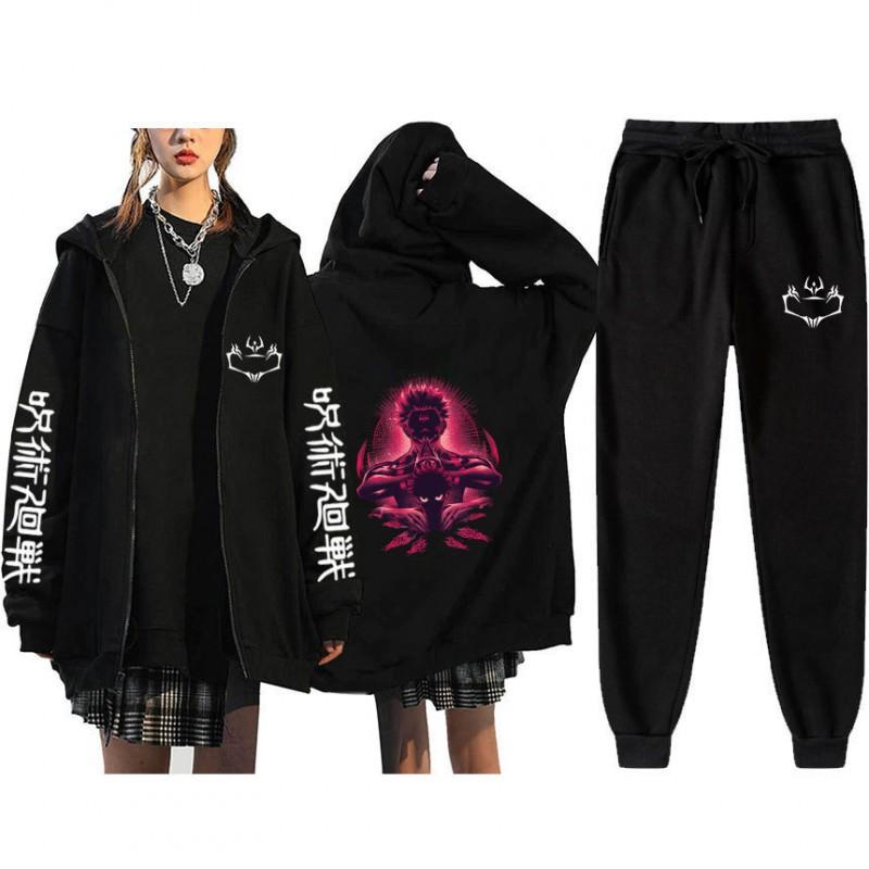 Unisex Winter Casual Sport Set With Anime Print Hooded Zip-Up Sweatshirt Jogger Pants Cotton Blend