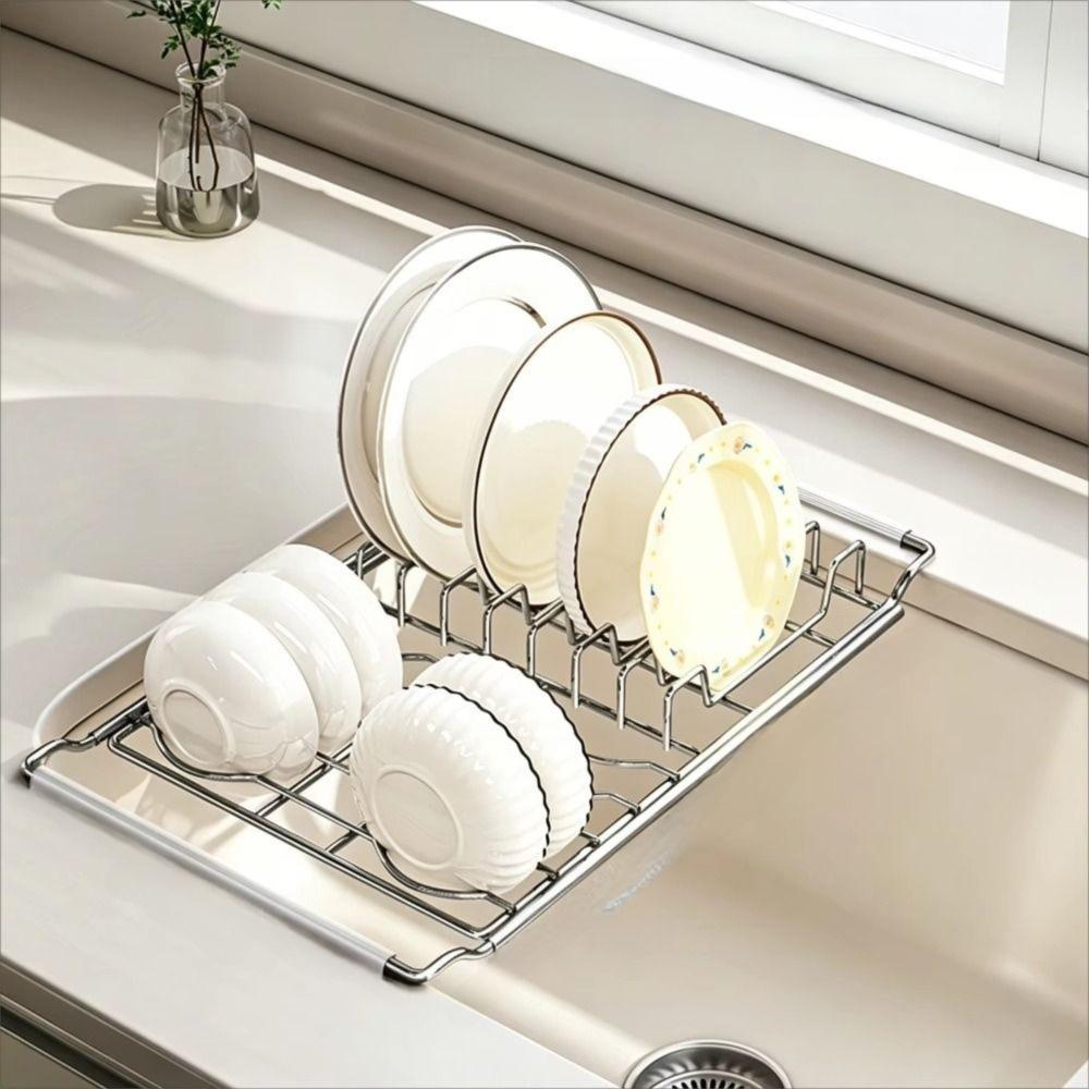 Stainless Steel Expandable Dish Rack Non-slip Adjustable Bowl Drain Shelf Multifunctional Rectangular Retractable Drain Basket