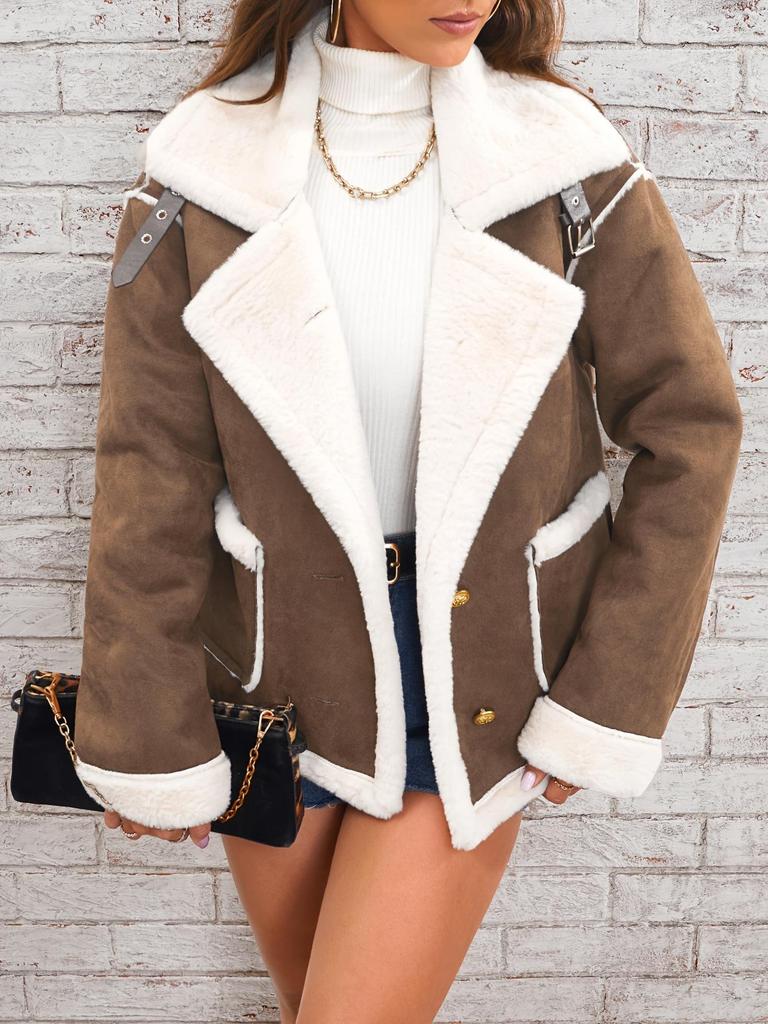 Women's Brown and White Contrast Faux Shearling Jacket with Gold Buttons