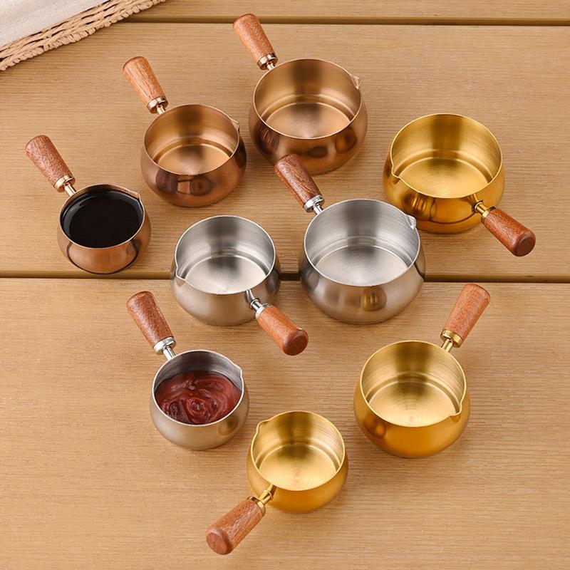 Stainless Steel Sauce Cup Western Sauce Cup Steak Dressing Cup With Wooden Handle Tomato Salad Dipping Saucer Kitchen Tools