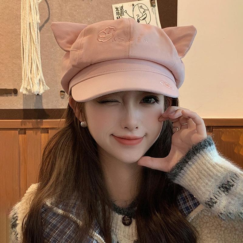 Korean Retro Cat Ear Octagonal Beret For Women Autumn And Winter Brushed And Warm
