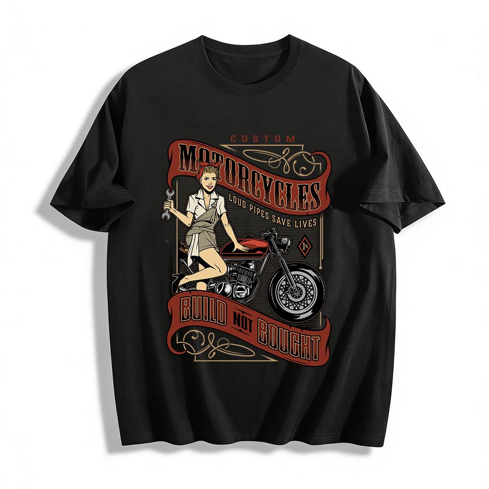 Custom Motorcycles Pin-up Girl Graphic Tee Build Not Bought Biker Top Pure cotton T-shirt