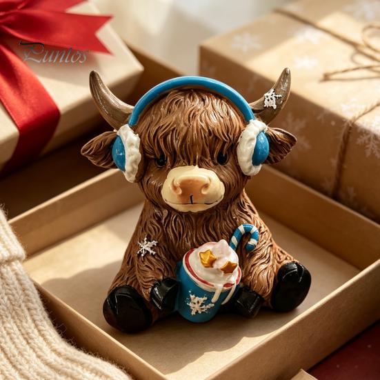 Resin Animal Statue Winter Highland Cow Figurine, Cattle for Desk Decor Decor, Shape Ornament Home Office