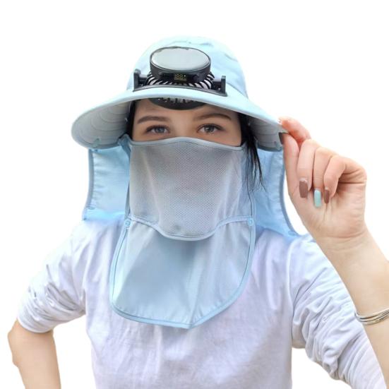 

Шляпа от солнца с широкими полями и вентилятором для мужчин и женщин, уличная шляпа-ведро для рыбалки с клапаном для шеи и защитой для лица для пеших прогулок и кемпинга небесно-голубой