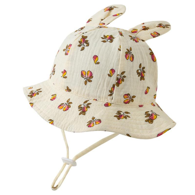 New Baby Gauze Basin Hat Baby Pleated Printed Bucket Hat Rabbit Ear Sun Hat 3-12M