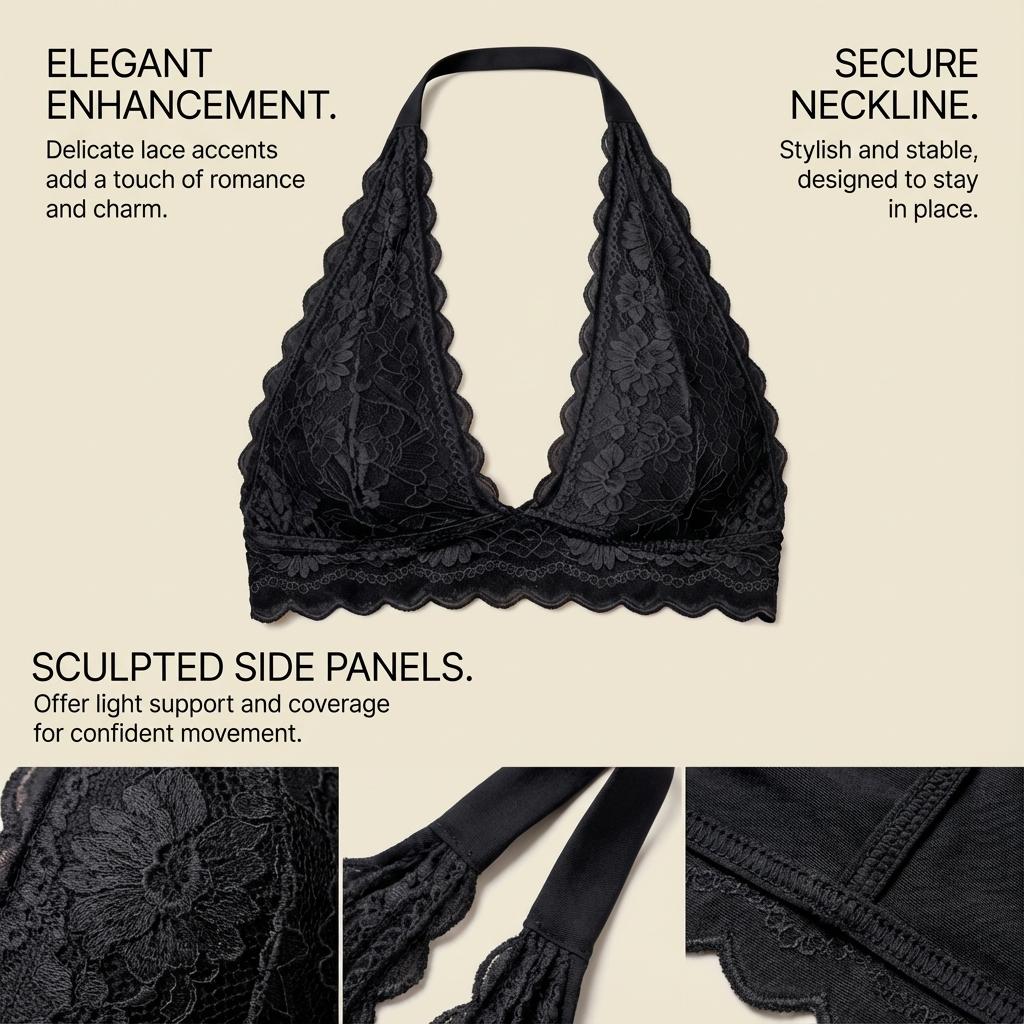 Halter Lace Push Up Bra, Wireless Comfortable Padded Camisole Underwear
