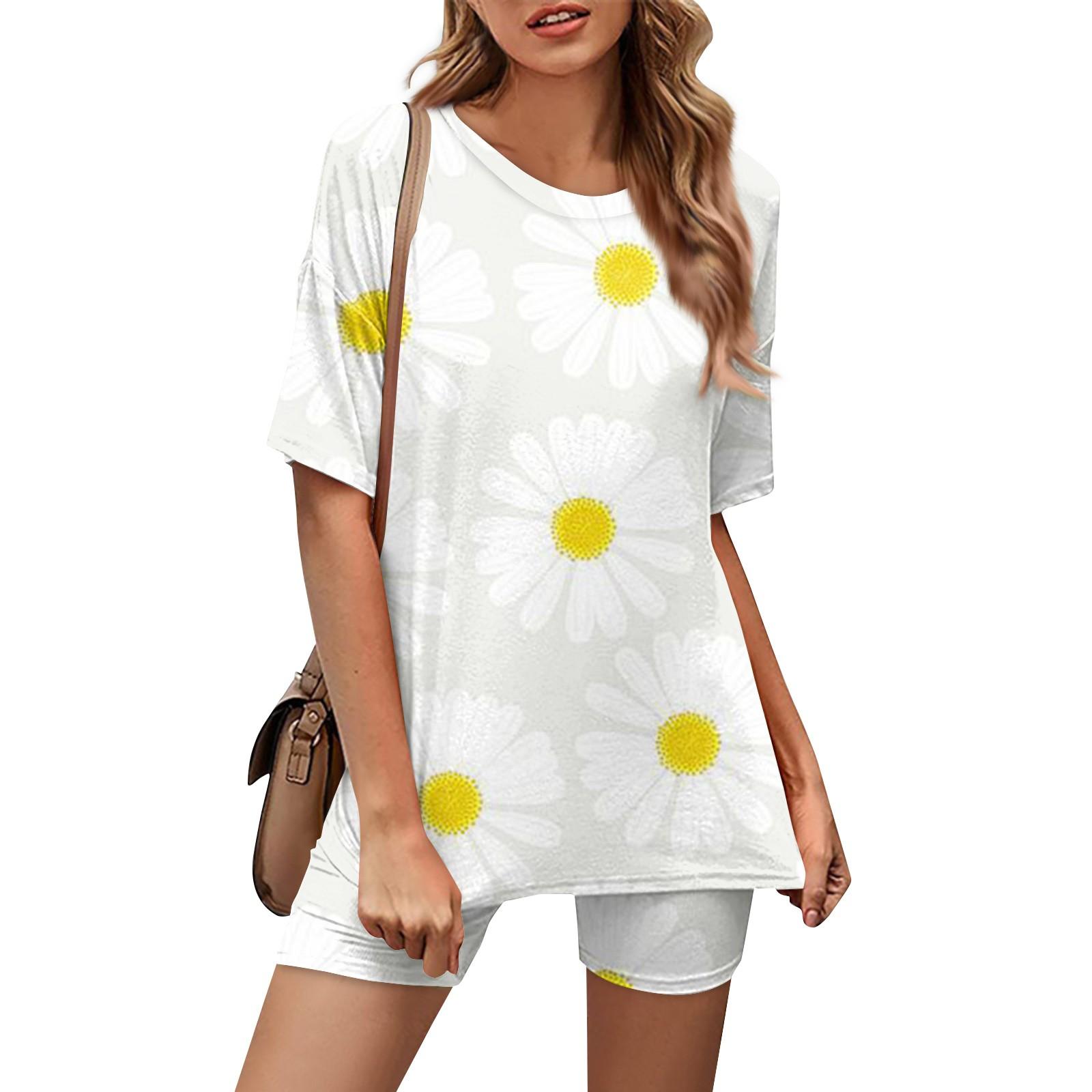 

Женский повседневный спортивный комплект из двух предметов, свободный и модный топ с принтом, комплект шорт с короткими рукавами XL жёлтый