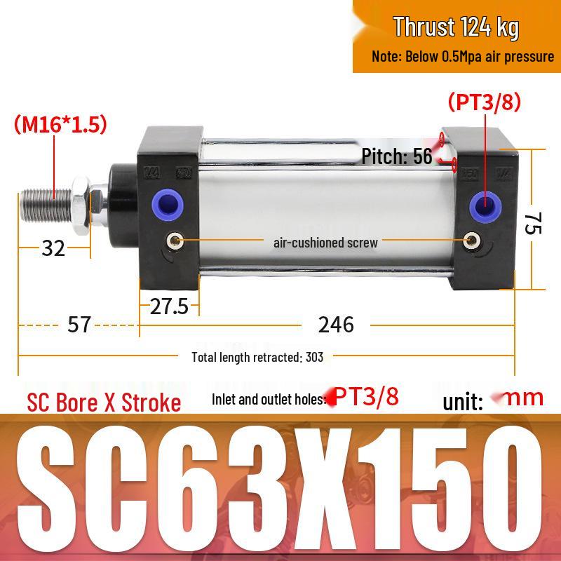 SC63 High Thrust Small Pneumatic Cylinder, Model SC40/50/80/100*125X150X200X500-S
