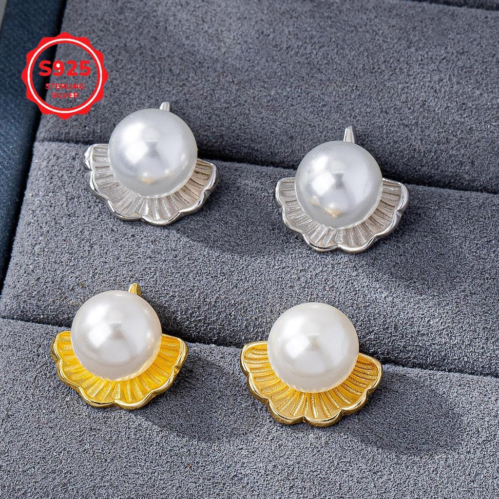 Korean Style S925 Sterling Silver Ginkgo Leaf Crystal Pearl Stud Earrings