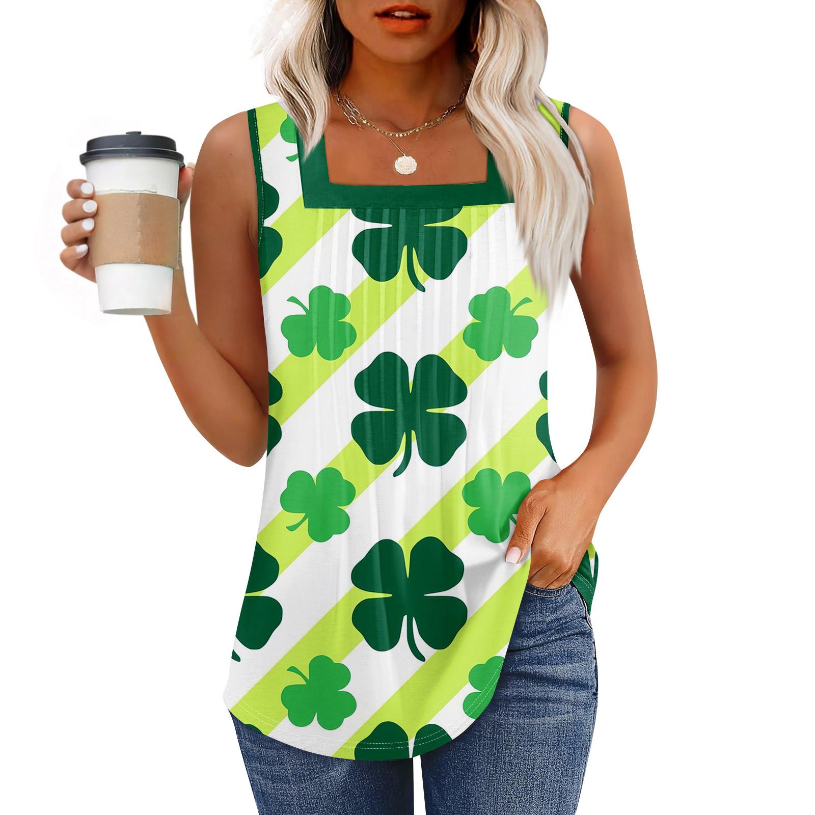 

Майка для женщин летние наряды без рукавов St. Блузки с принтом ко Дню Святого Патрика, свободные рубашки в складку, квадратный вырез S белый