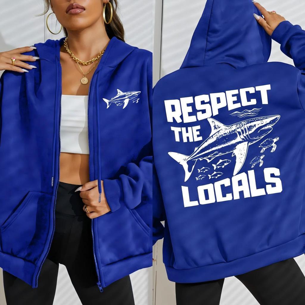 Respect The Local Ocean Shark Design Zipper Sportswears Women Fleece Hoodies Autumn Oversize Hoodie Streetwear