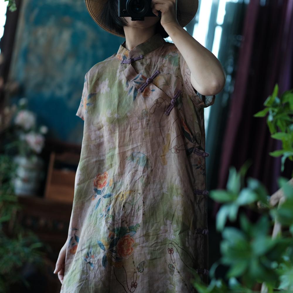 Johnature Women Vintage Print Floral Dress Stand Short Sleeve Summer Button A-Line Chinese Style Dress