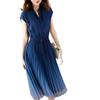 French Sleeve Pleated Casual Fashion Dress Gradient Elegant Short Sleeve Bow Tie Waist Midi Dress [JINJUDUO] Women's