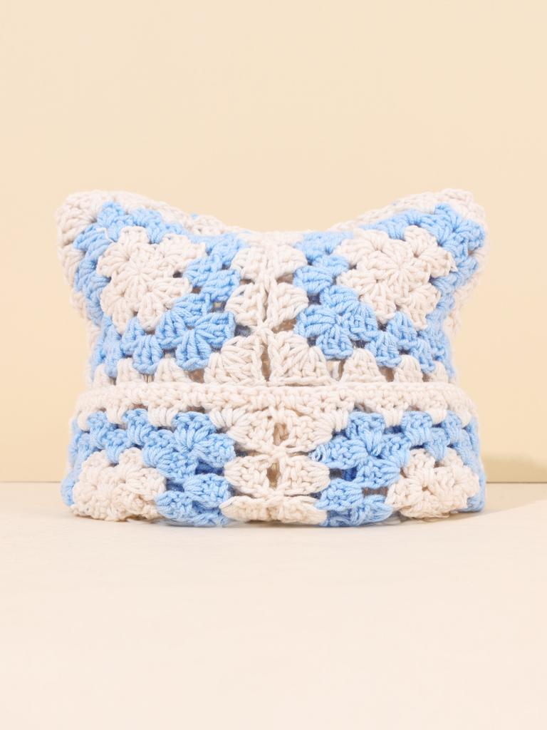 New Handmade Knitting Halloween Versatile Fashion Multi-Color Grandmother Grid Cat Ear Hat Adult Hat