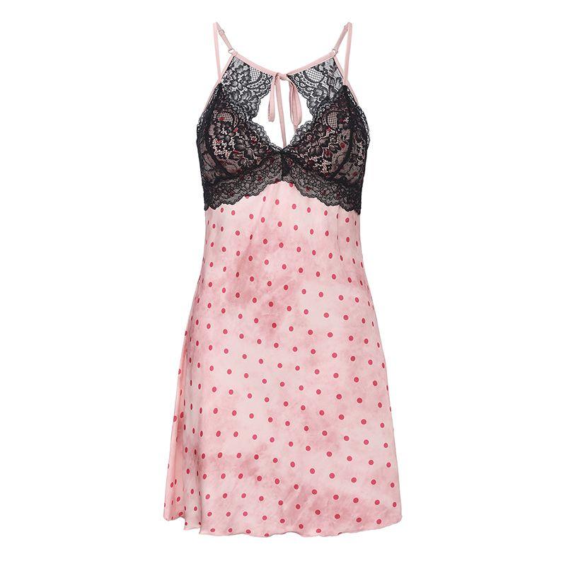 

Good Morning with You Peach Polka Dot Sexy Pure Desire Pajamas Beautiful Back Lace Ice Silk Strap Night Dress with Chest Pad Suit Pink Dot (single nightgown) 170 (XL)